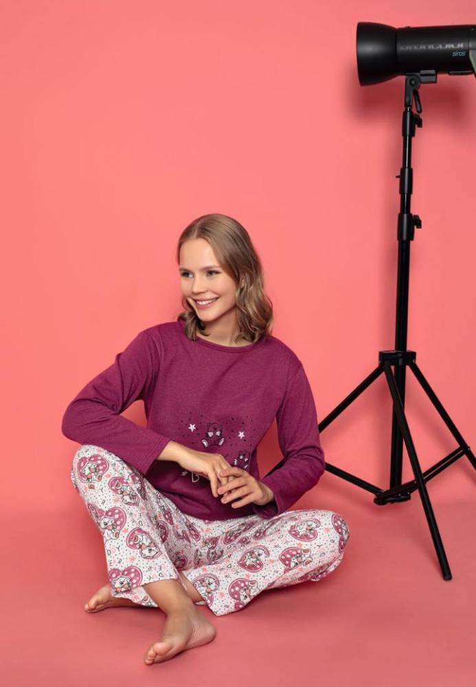 Pijama damă vătuită cu mânecă lungă și pantaloni lungi din bumbac, imprimeu Teddy, Engros